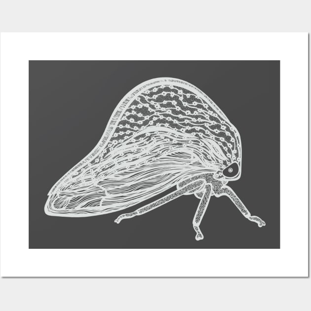 Treehopper Ink Art - cool insect bug design - on dark grey Wall Art by Green Paladin